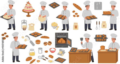 vector set of Man baking icons set. Bakers working, holding trays of baked goods, ingredients, and kitchen equipment
