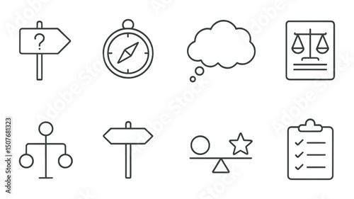 Ethical decision outline icons set – silhouette, moral judgement and dilemma symbols