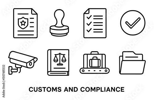Customs and compliance outline icons set – silhouette, regulation and audit symbols