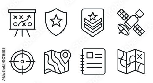 Military strategy outline icons set – tactical, defense and planning symbol designs