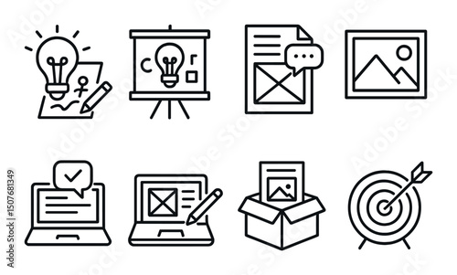 Creative project flowchart line icons set – outline, planning, design tools