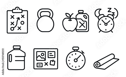 Fitness and health outline icons set – wellness, exercise, and nutrition symbols