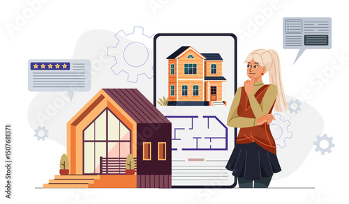 Real estate agency online. Woman appraises house. Young girl near smartphone with building blueprint. Realtor evaluates real estate and private property. Flat vector illustration