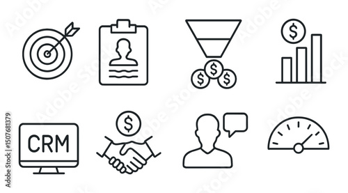 Sales objectives line icons set – outline, business and growth symbols