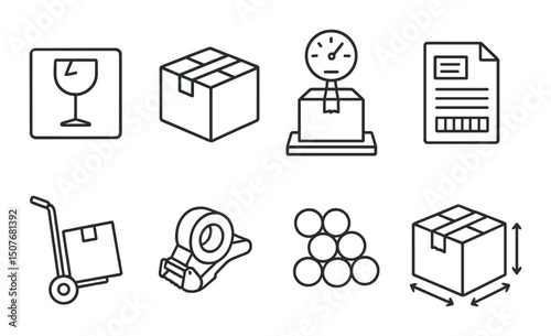 Shipping and delivery silhouette icons set – logistics, package, and transport symbols