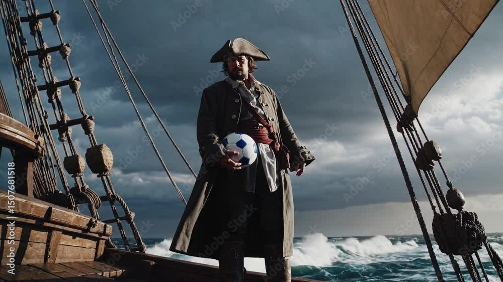 Capitaine pirate tenant un ballon de football sur le pont d’un navire en pleine mer

