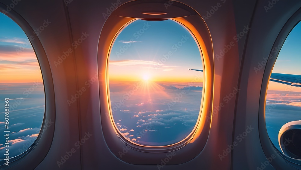 Fototapeta premium Captivating aerial dawn panorama seen through the aircraft windows ambiance