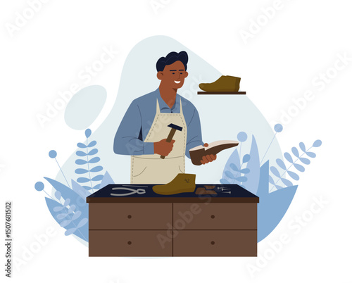 Man repairs shoes. Young guy with hammer repairing sole of shoe. Bootmaker or shoemaker at workplace. Craftsmanship craft fashionable footwear. Flat vector illustration