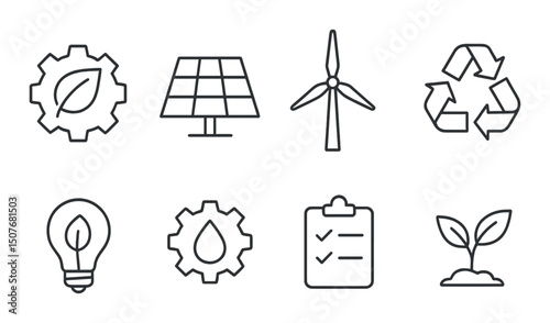 Eco-friendly silhouette icons set – sustainable, green and renewable energy symbols