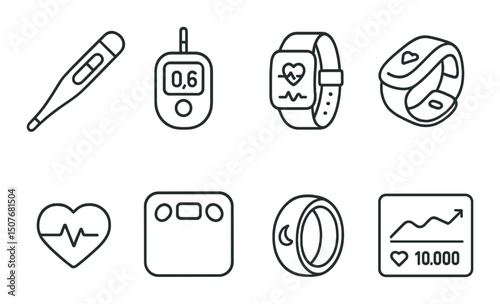 Health monitoring devices silhouette icons set – outline, wellness and fitness symbols