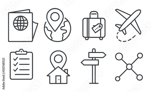 Travel and tourism outline icons set – linear, journey and adventure symbols