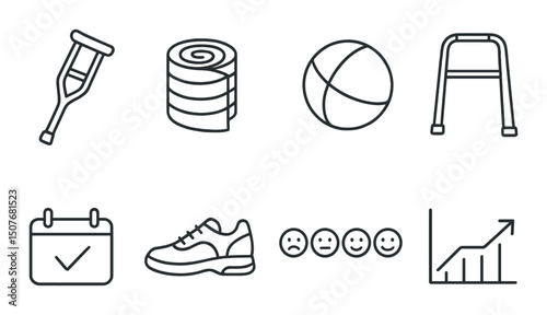 Rehabilitation and recovery outline icons set – healing, therapy, health symbols