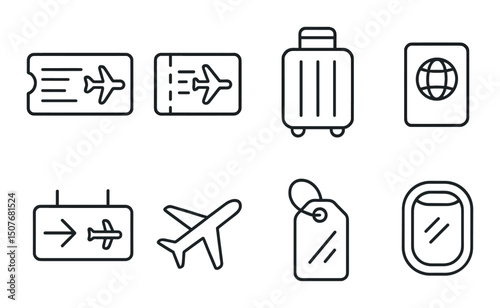 Travel essentials outline icons set – journey, vacation symbols for trip planning