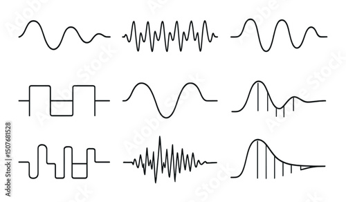 Sound waveform silhouette icons set – simple, audio and music frequency symbols