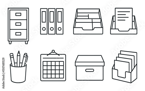Organized workspace icons set – outline, essentials, and office supplies symbols