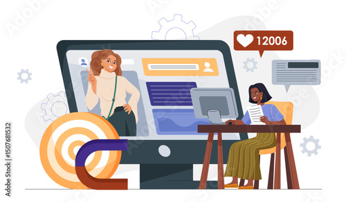 Woman on social networks. Young girl watches popular blogger and influencer. Interesting content on internet and social networks. Post or blog on internet. Flat vector illustration