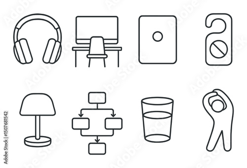 Minimalist workspace essentials icons set – outline, office and productivity symbols