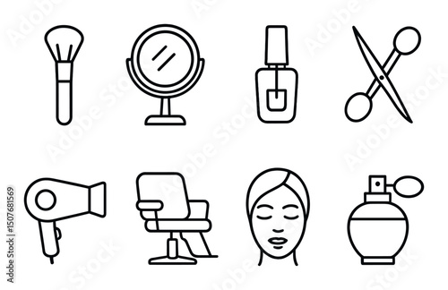 Beauty tools outline icons set – linear, cosmetics and makeup essentials symbols