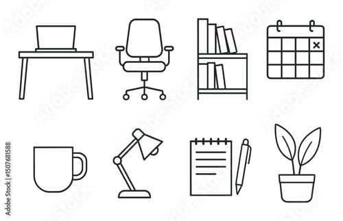 Home office line icons set – outline, workspace and productivity symbols