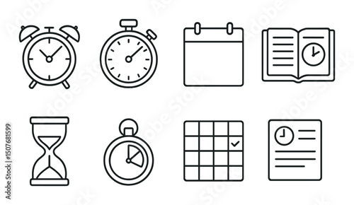 Time management outline icons set – schedule, organization and planning symbols