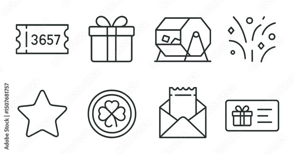 Raffle and lottery outline icons set – prize draw, giveaway and winner symbols Raffle and lottery outline icons set – prize draw, giveaway and winner symbols