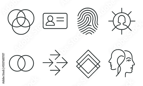 Diverse identity symbols icons set – linear, personal and recognition graphic elements