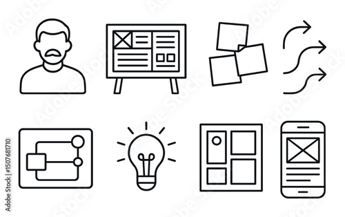Design thinking outline icons set – innovation, creative process, ux design symbols
