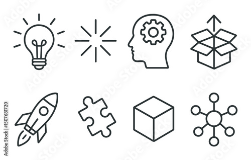 Innovative idea outline icons set – creativity, concept and design inspiration symbols
