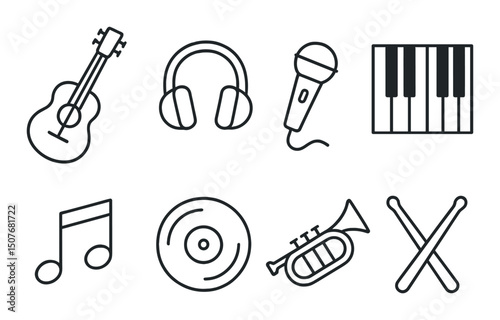 Musical passion outline icons set – simple and creative music symbols collection