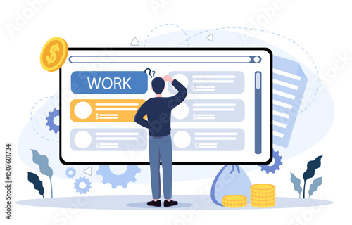 Unemployed man searching job. Young guy searches for vacancies on Internet. Hiring and recruitment, unemployment. Jobless employee looking for work. Flat vector illustration