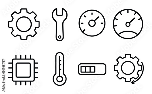 System optimization linear icons set – silhouette, performance, and efficiency symbols