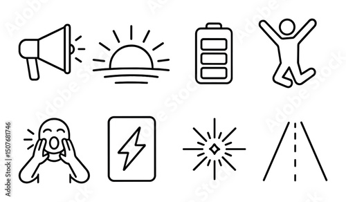 Motivational and energy silhouette icons set – simple, inspiring, dynamic symbols