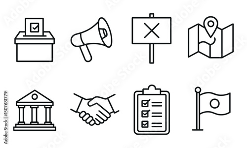 Civic engagement linear icons set – outline, community involvement and participation symbols