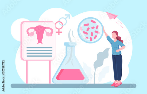 Venereologist woman concept. Doctor with flask with reagent, and male reproductive system structure. Healthcare and medicine. Study of syphilis and gonorrhea. Flat vector illustration