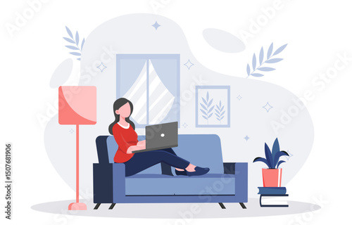Woman working from home. Young girl with laptop sitting on sofa. Freelancer and remote employee making money on internet. Comfortable workplace. Flat vector illustration