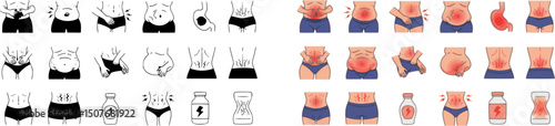 vector set of Bloating icons set. People experiencing digestive problems, discomfort, and symptoms related to stomach and gut health
