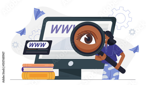 Woman surfing net. Young girl with magnifying glass near computer screen. User searches for information on Internet. Browsing and surfing online. Flat vector illustration