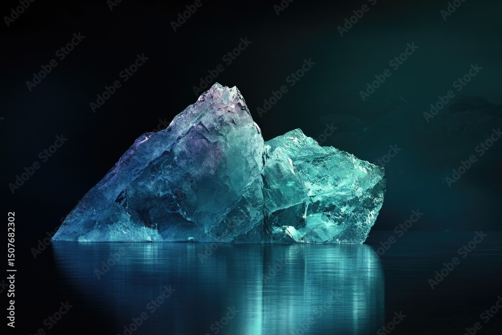 A large, glowing chunk of ice sits on a dark, reflective surface with ethereal, colorful lighting, creating a surreal atmosphere. A large, glowing chunk of ice sits on a dark, reflective surface with ethereal, colorful lighting, creating a surreal atmosphere.