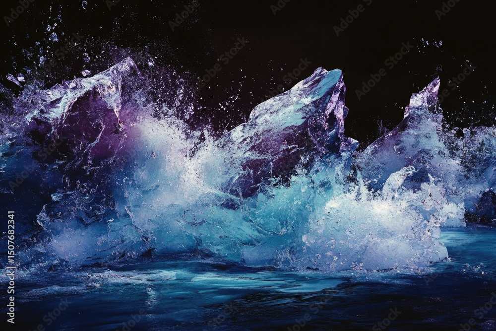 Obraz premium Icy formations clash with turbulent water, spraying droplets in a dynamic and visually stunning display against a dark backdrop.