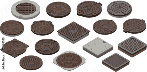 Drain manhole icons set. Set of isometric manhole covers including round, square, and rectangular shapes, showcasing diverse materials and designs for urban infrastructure