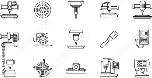 Cnc machine icons set outline vector. Mill controller. Industrial tool
