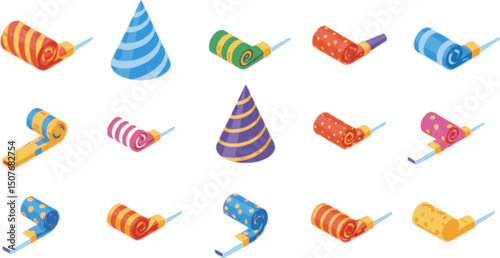 vector set of Party blower icons set isometric vector. Whistle horn. Roll paper
