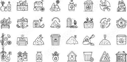 vector set of Composting icons set. Line icons depicting various aspects of composting, from organic waste collection to fertilizer production
