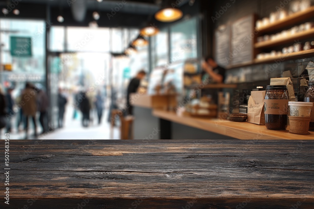 Obraz premium Rustic Wooden Tabletop In Busy Coffee Shop