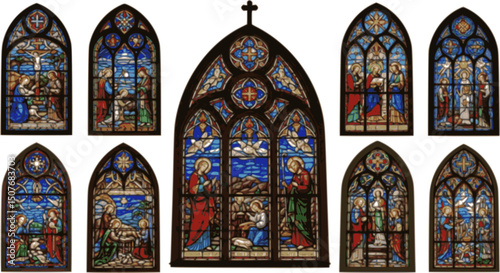 vector set of Set of colorful church stained glass windows representing various religious symbols, scenes, and objects, showcasing the artistry and spiritual significance of these decorative elements