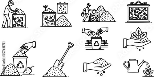 vector set of Composting icons set. Line icons depicting various aspects of composting, from organic waste collection to fertilizer production
