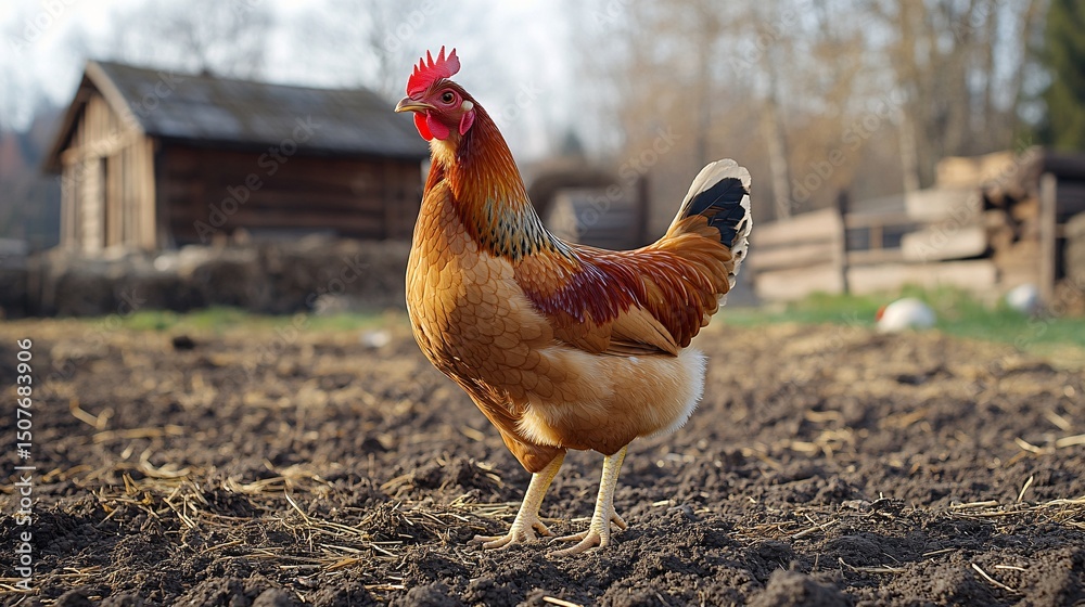 Fototapeta premium Brown Hen in a Rustic Farm Setting