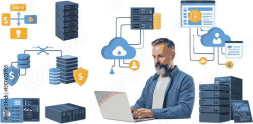 Dedicated server icons set. System administrator working on laptop, managing data storage, server and cloud computing with security and financial analytics