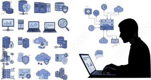 Dedicated server icons set. System administrator working on laptop, managing data storage, server and cloud computing with security and financial analytics