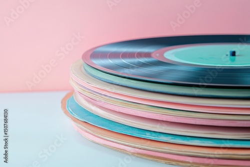A stacked, colorful collection of vintage vinyl records against a pastel pink background, evoking a sense of nostalgia and music history.